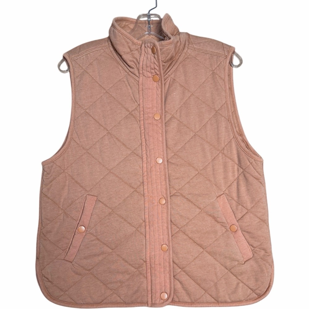 Women's Camel Quilted‎ Funnel Neck Vest Snap Front Soft Knit Layering
